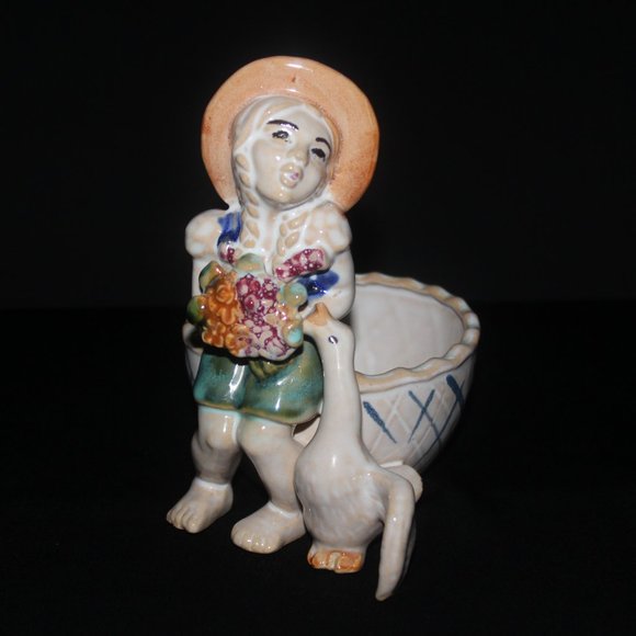 Japan Ceramics Flower Pot | Girl & Duck Vintage Planter - Picture 2 of 8